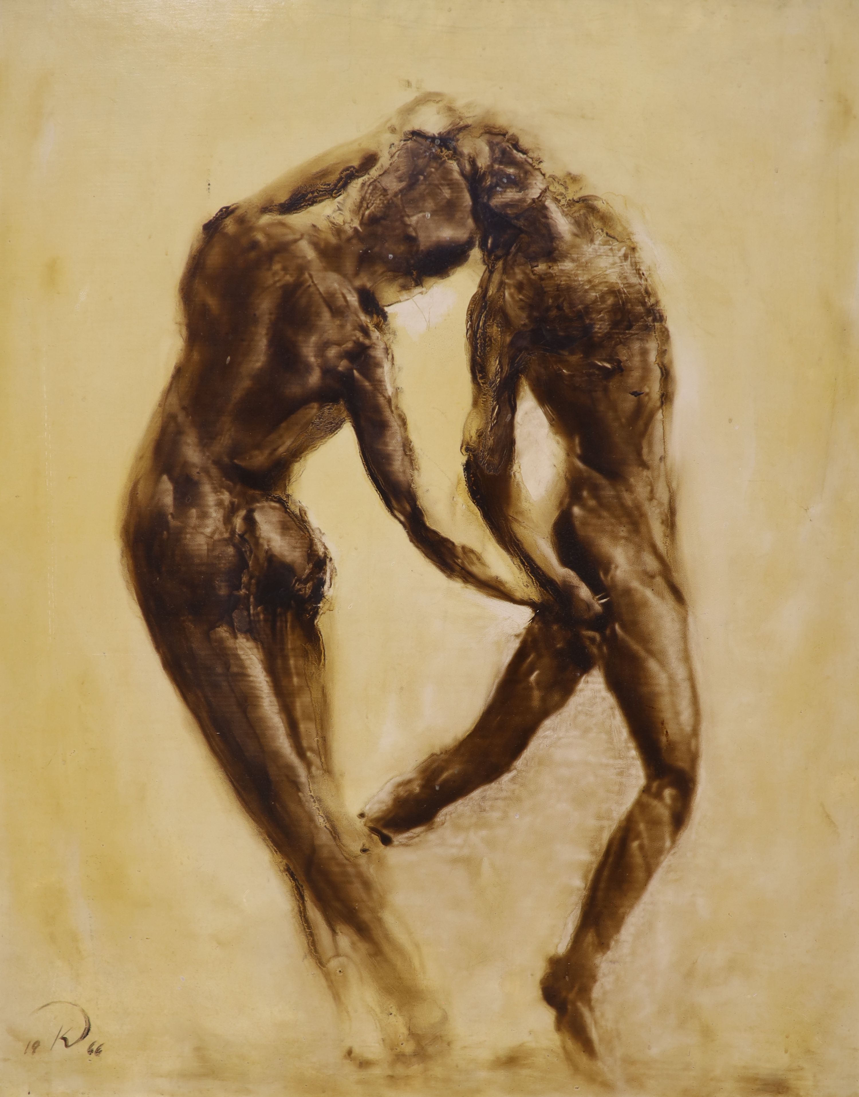 K.D., oil on board, Study of two dancers, signed and dated 1966, 76 x 61cm